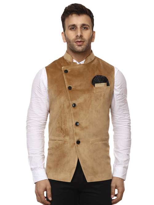 solid beige nehru jacket - 15840502 - Standard Image - 0