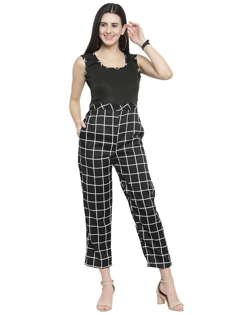 window pane checkered pleated jumpsuit