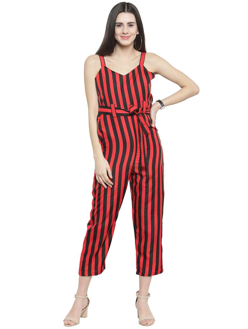 tie-knot striped full leg jumpsuit