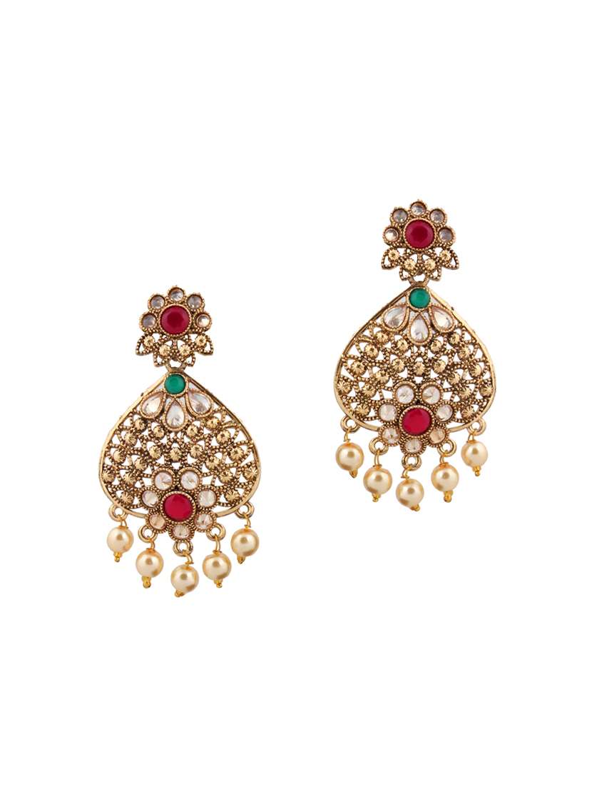 gold plated trendy green & pink color party wear long designer dangler earring - 15847558 -  Zoom Image - 0