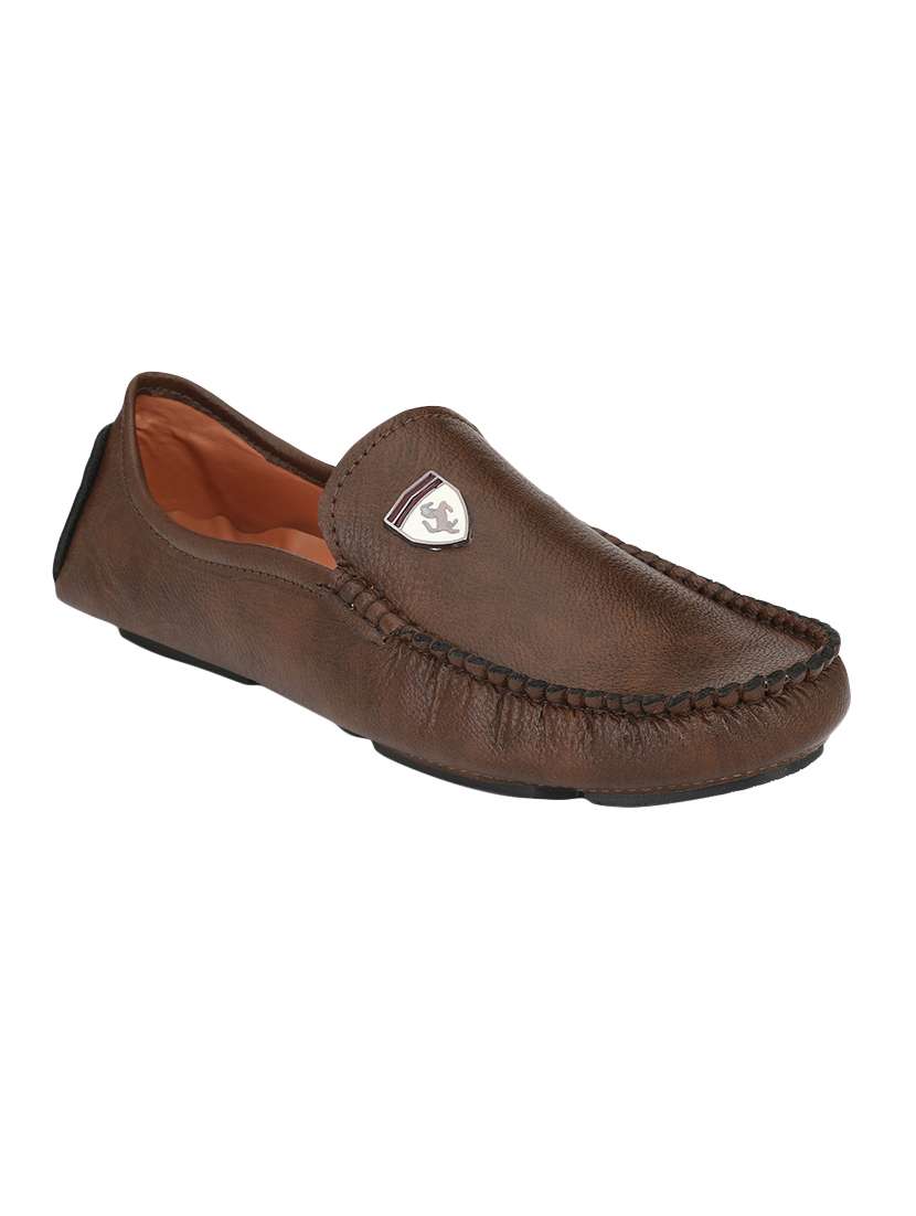 brown synthetic slip on loafers