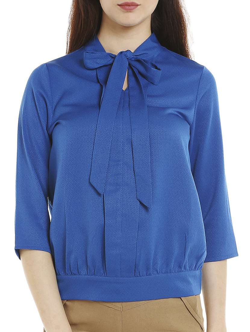 tie knot neck gathered blouson top