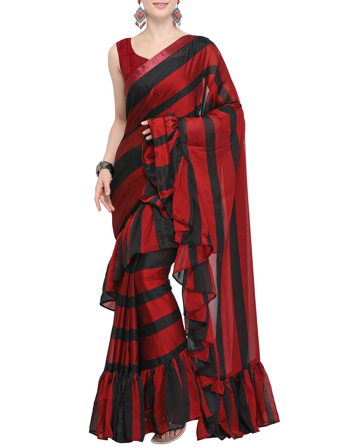 striped printed ruffled saree with blouse