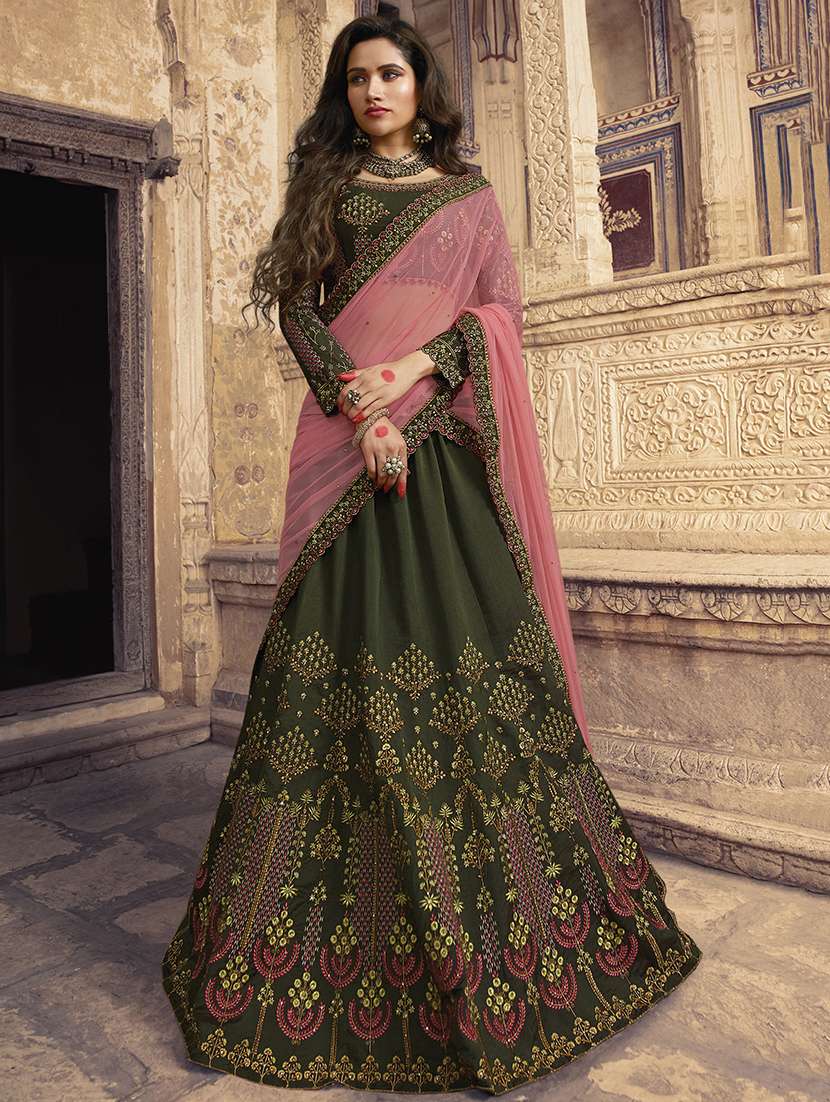 floral embroidered green flared lehenga