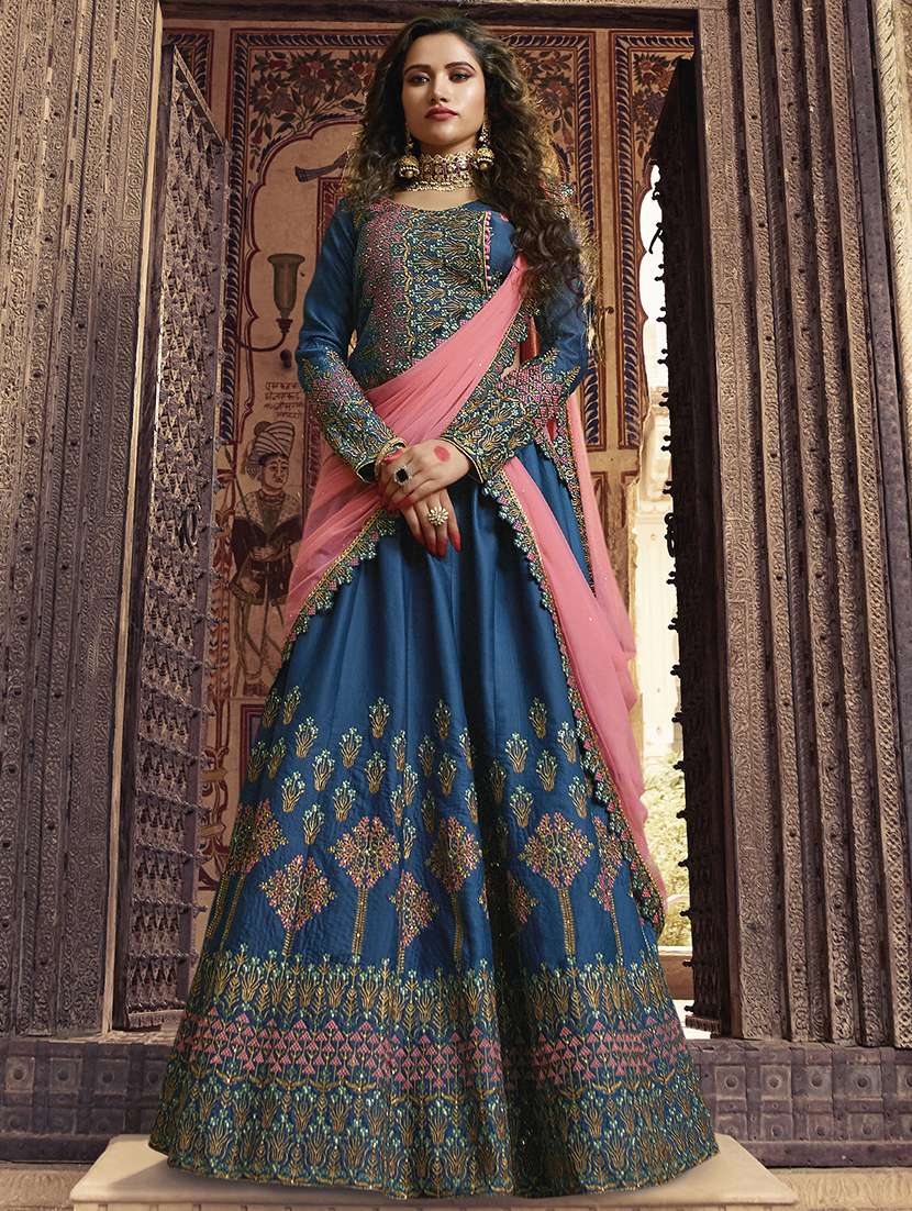 floral embroidered blue flared lehenga