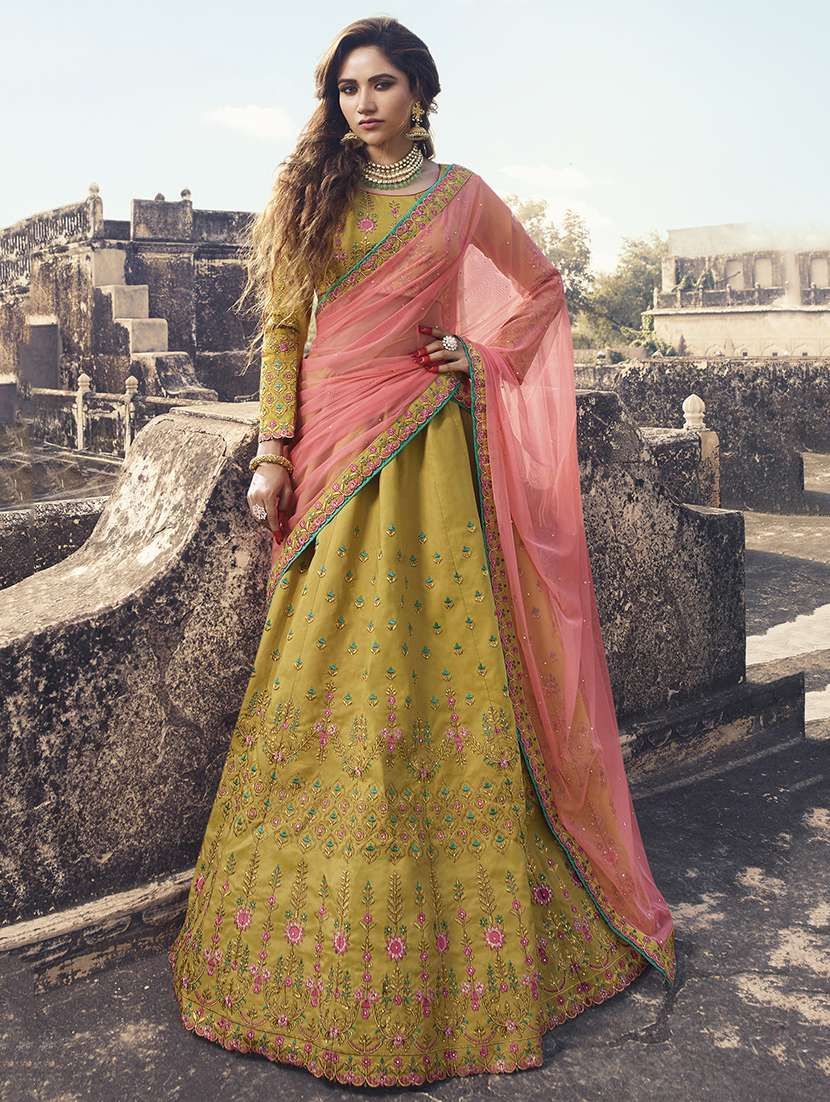 floral embroidered yellow flared lehenga