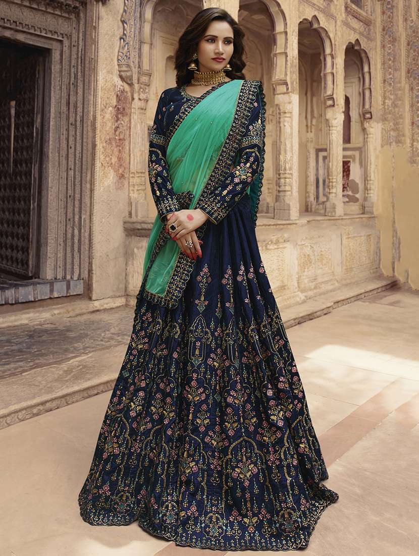 floral embroidered navy blue flared lehenga