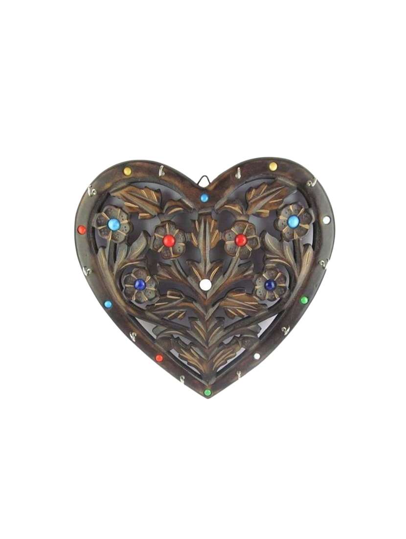 desi karigar wooden key holder in heart shape with handicraft design