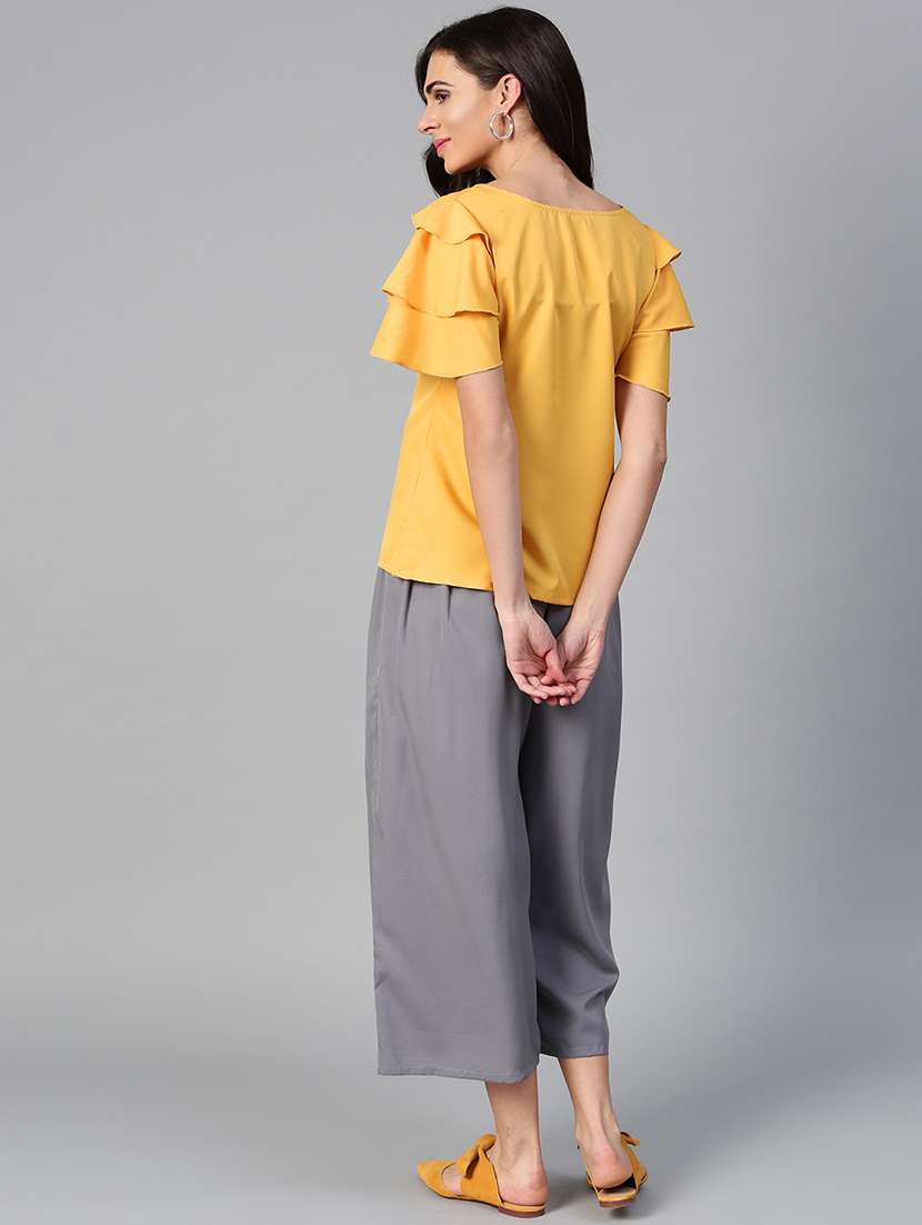 ruffle detail top and pleated trouser set