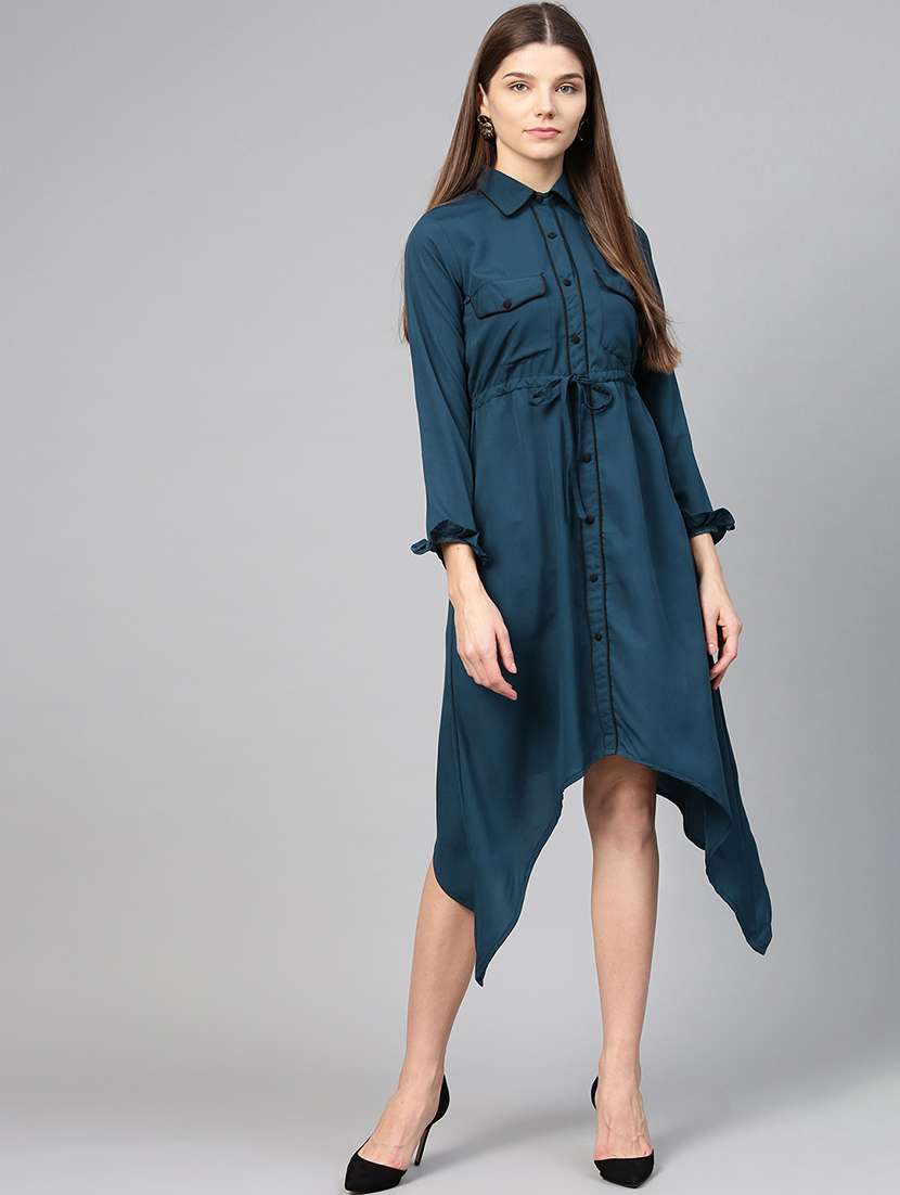 piping detail button up asymmetric dress
