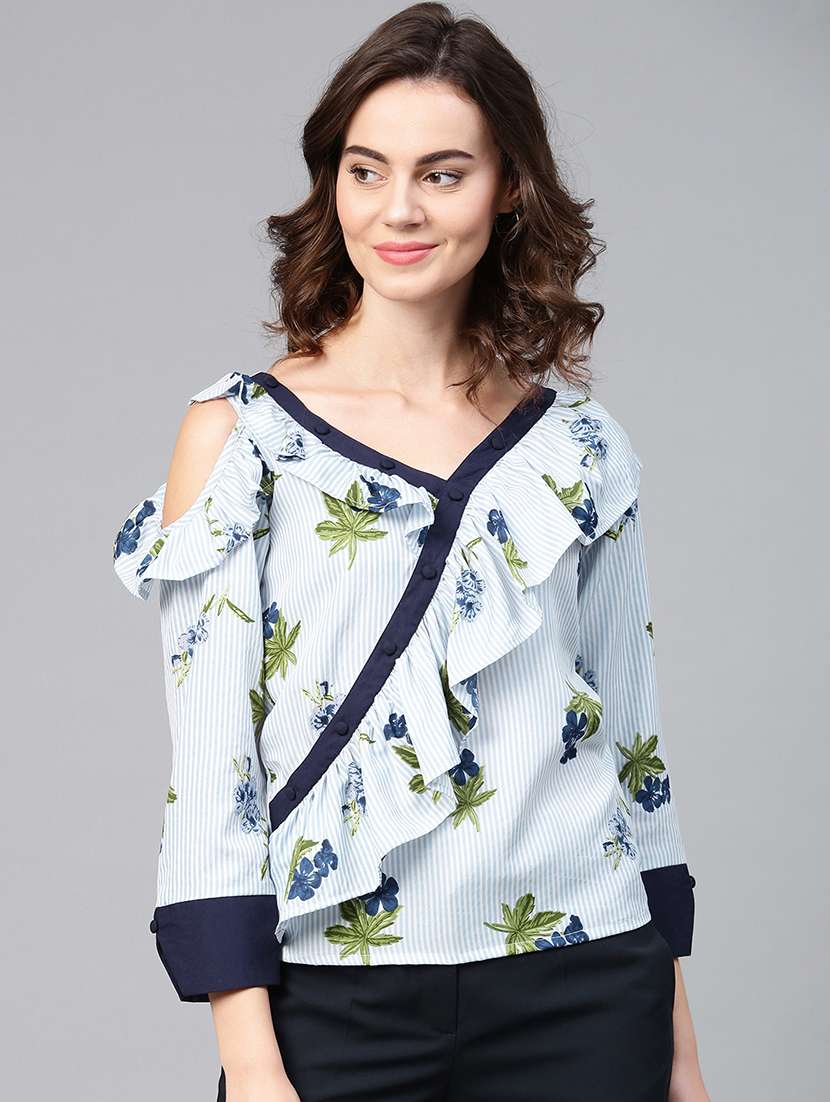 button detail floral striped ruffle top