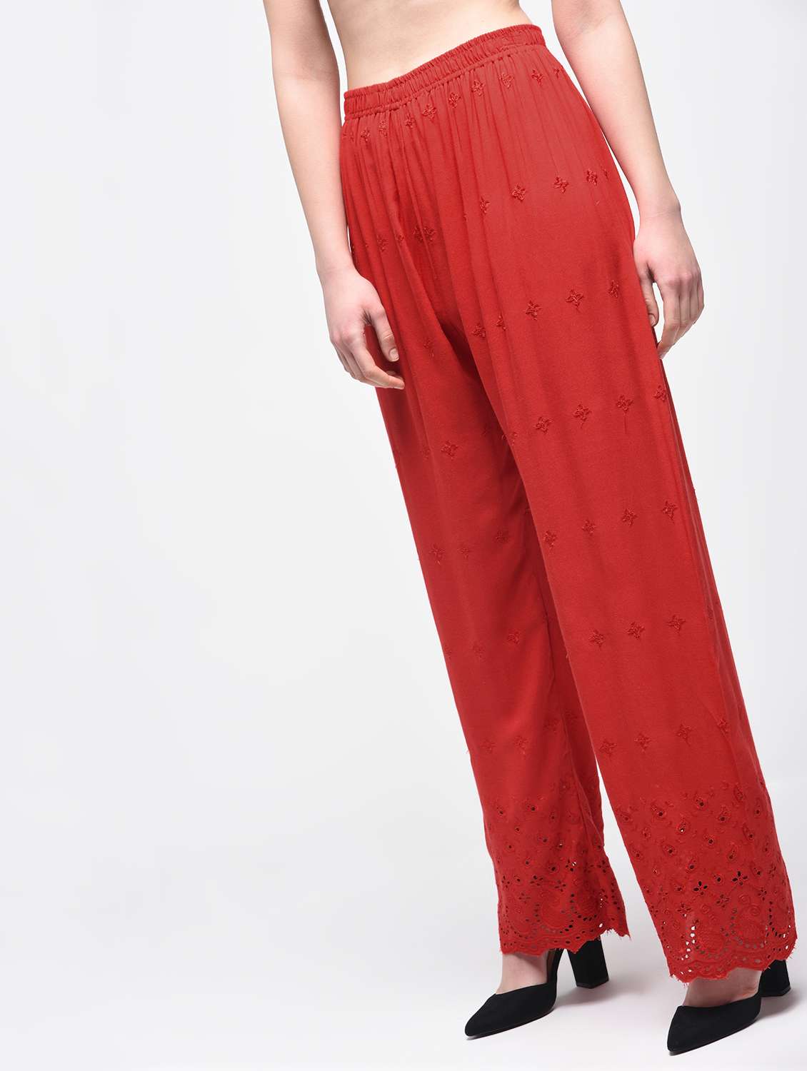 red embroidered straight palazzo