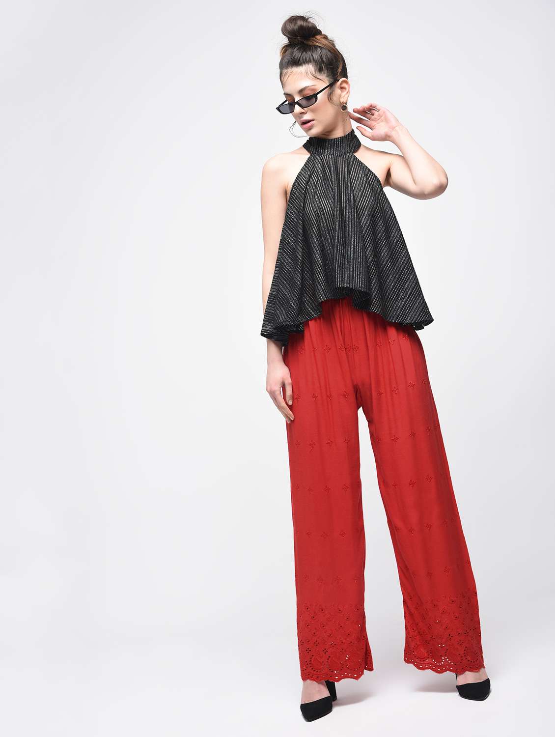 red embroidered straight palazzo - 15857720 -  Standard Image - 2