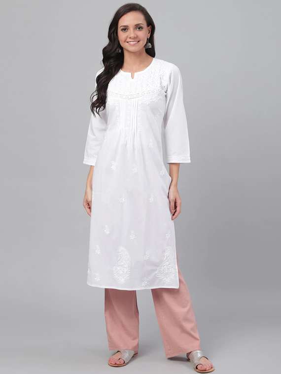 white long women chikankari cotton kurta