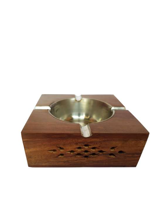 wooden antique ashtray with brass inlay