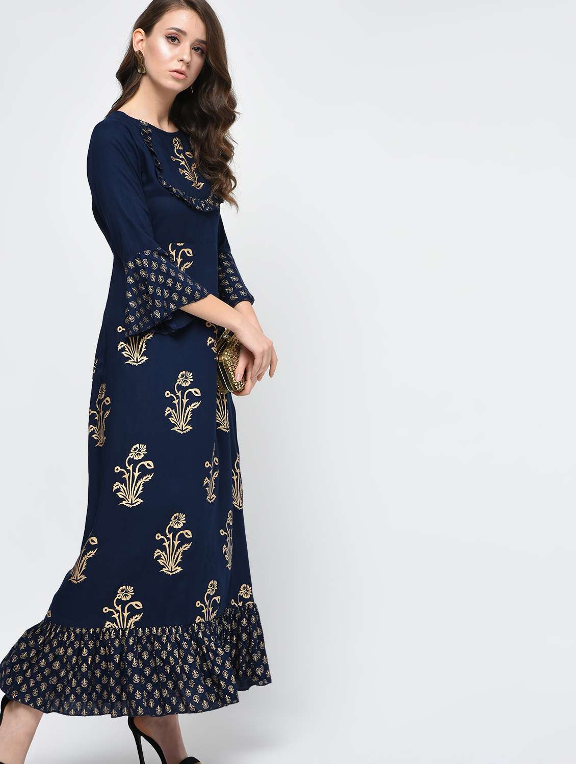 Navy Foil print a-line kurta