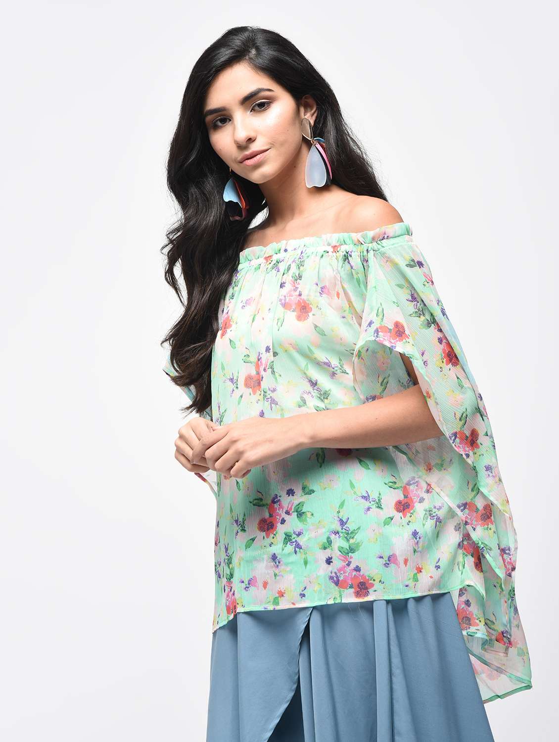 cape sleeved off shoulder top