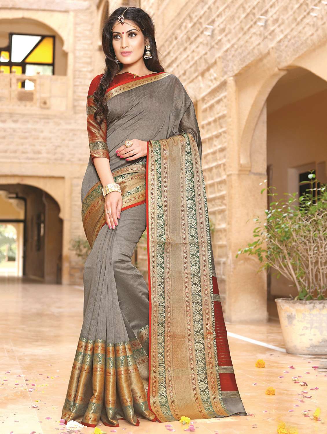 zari border grey banarasi saree with blouse