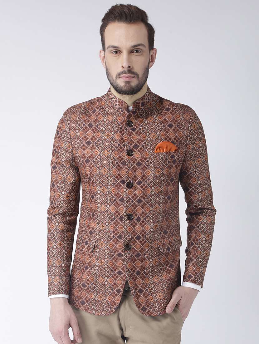 brown polyester single breasted bandhgala blazer