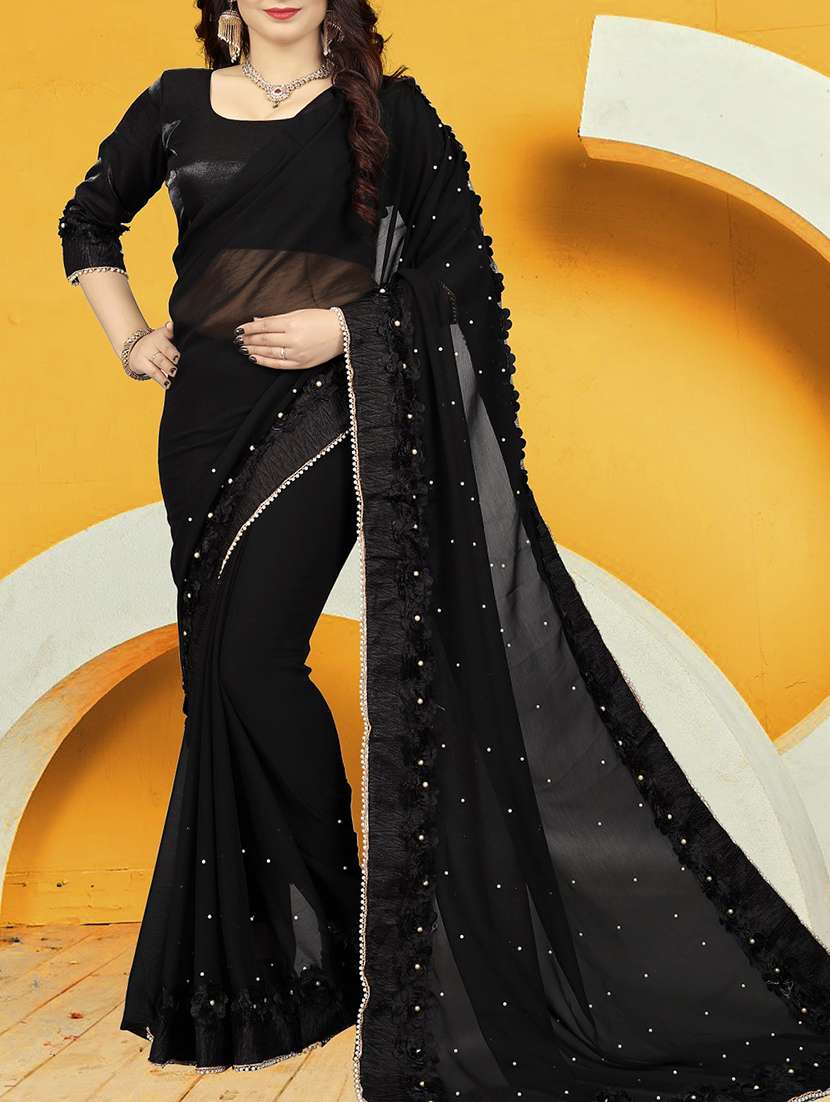 ribbon border pearl embellished saree with blouse