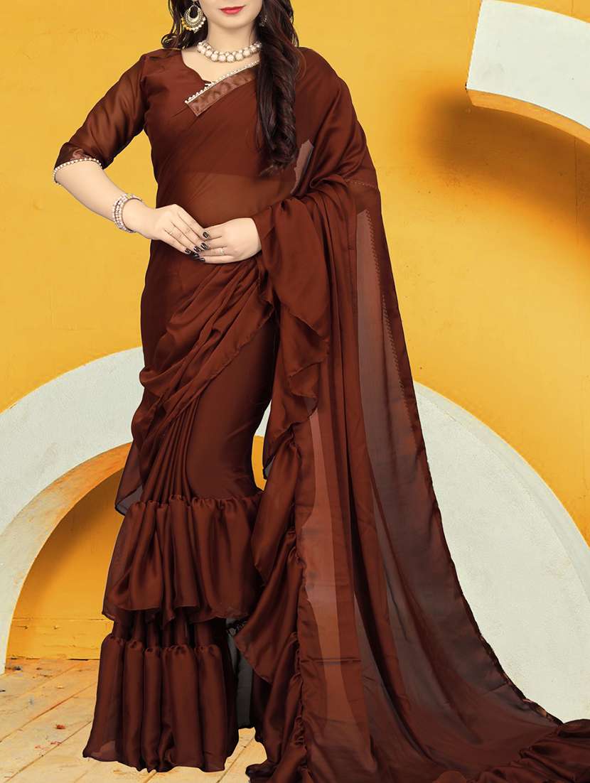pearl ruffle border brown saree with blouse