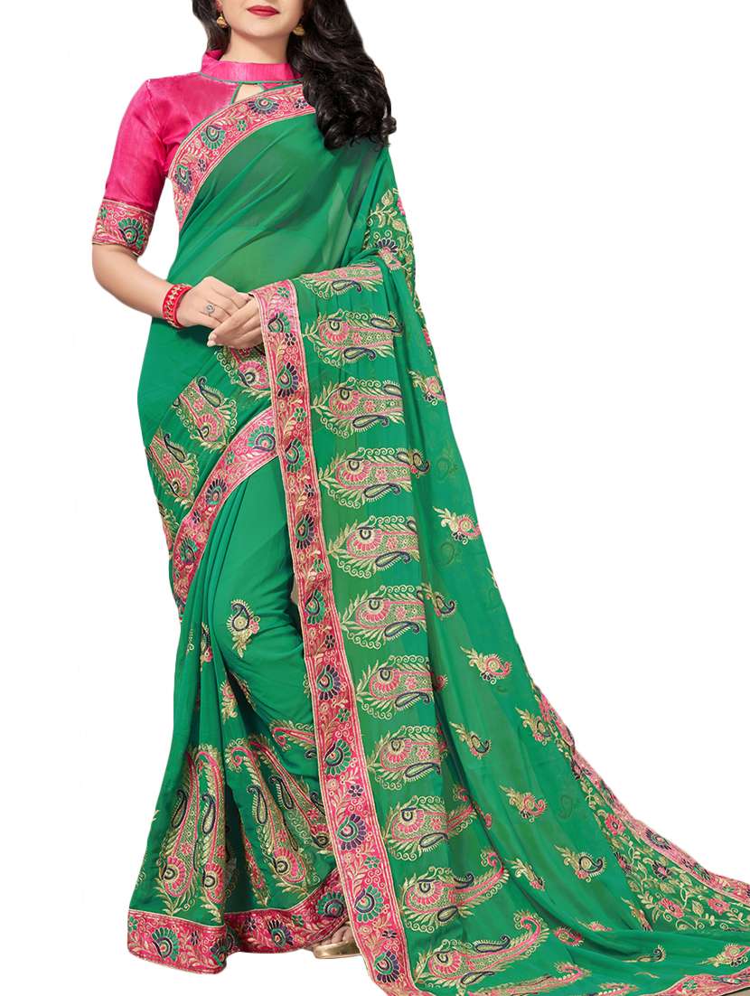 paisley green embroidered saree with blouse