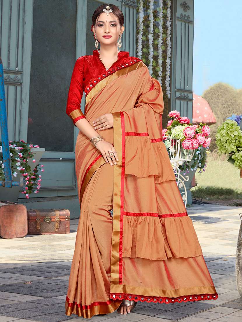 ruffle pallu brown fusion saree with blouse