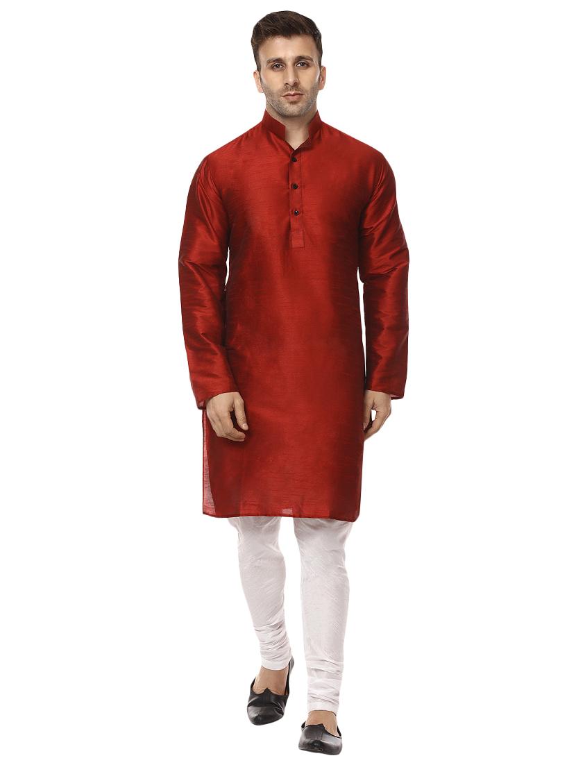 red pure silk kurta pyjama set - 15876557 - Zoom Image - 0