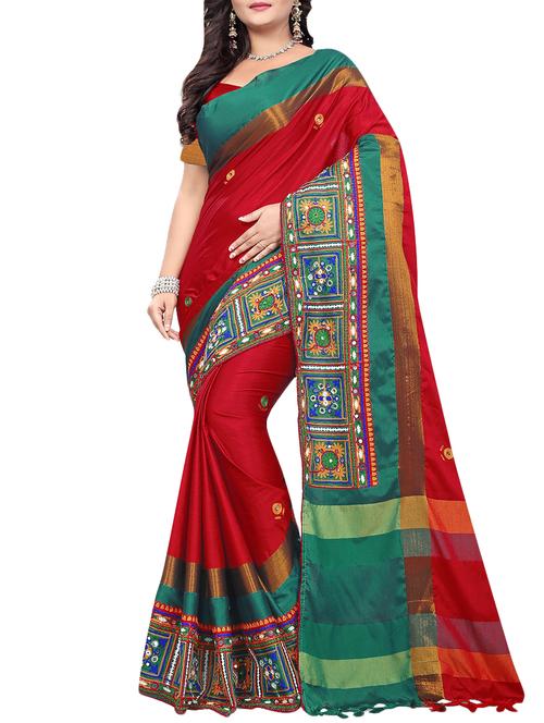 mirror work red embroidered saree with blouse - 15876868 - Standard Image - 0
