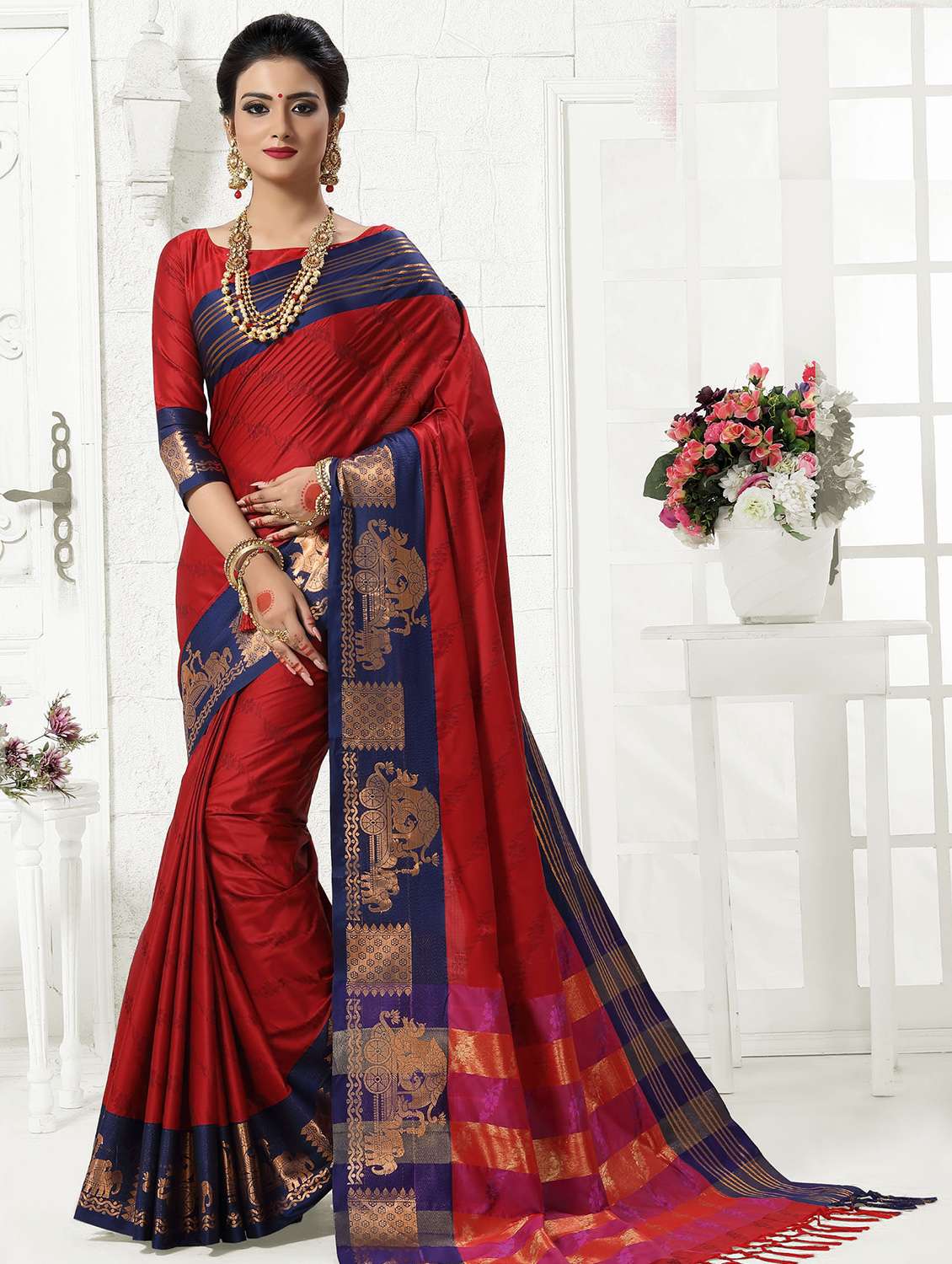 ethnic motif self design saree with blouse