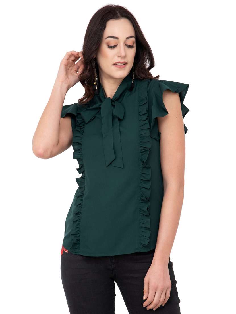 women's ruffle tie-up neck top