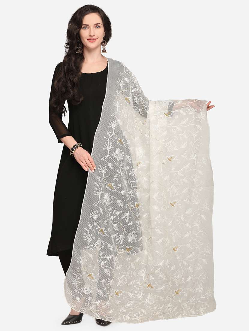 white floral embroidered net dupatta