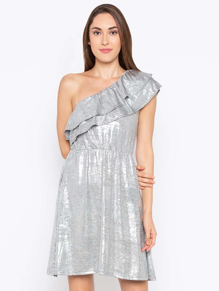 ruffled single shoulder shimmery dress