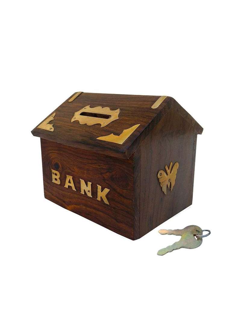 brown wooden piggy bank