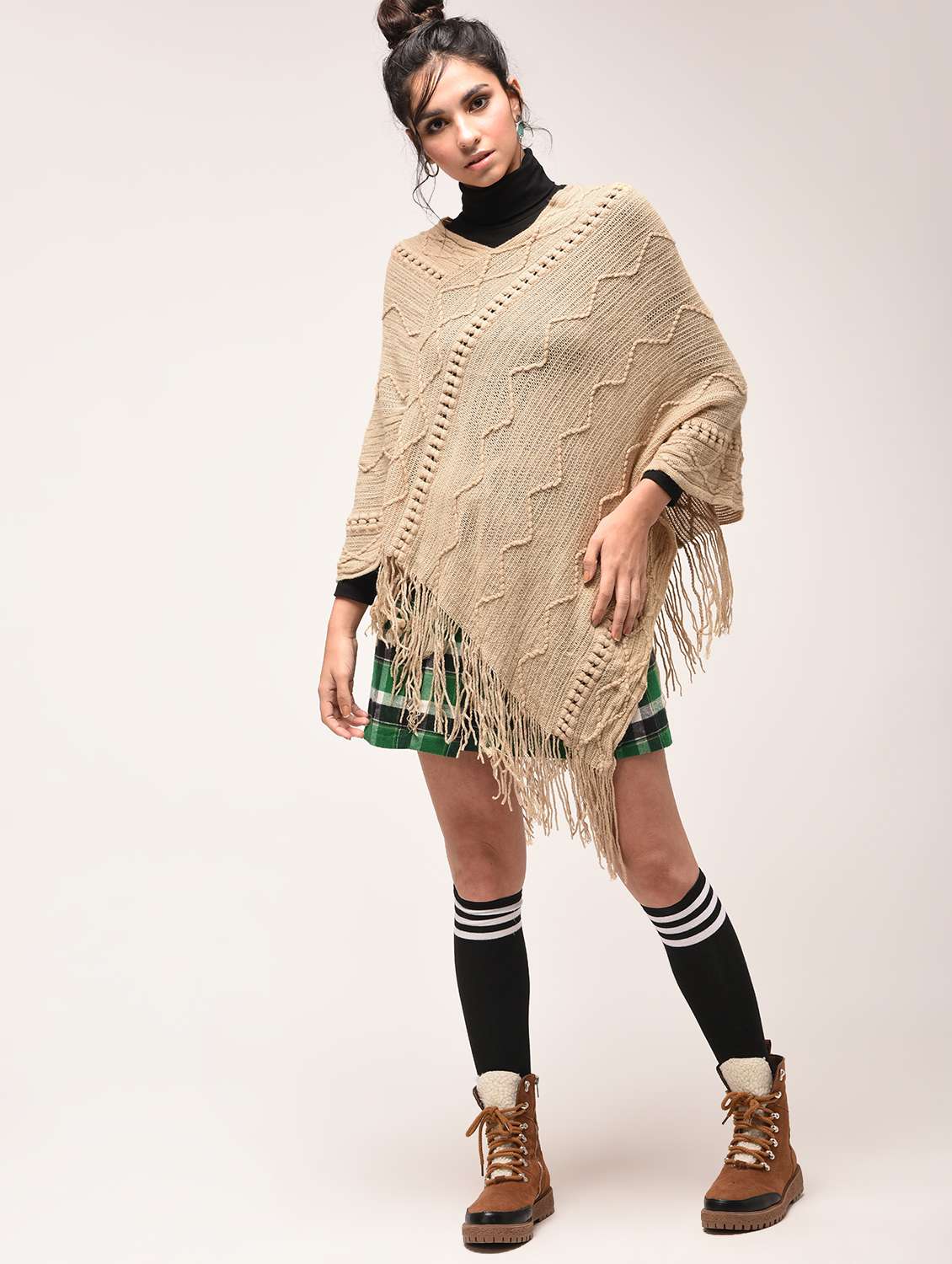 beige fringed hem knitted poncho