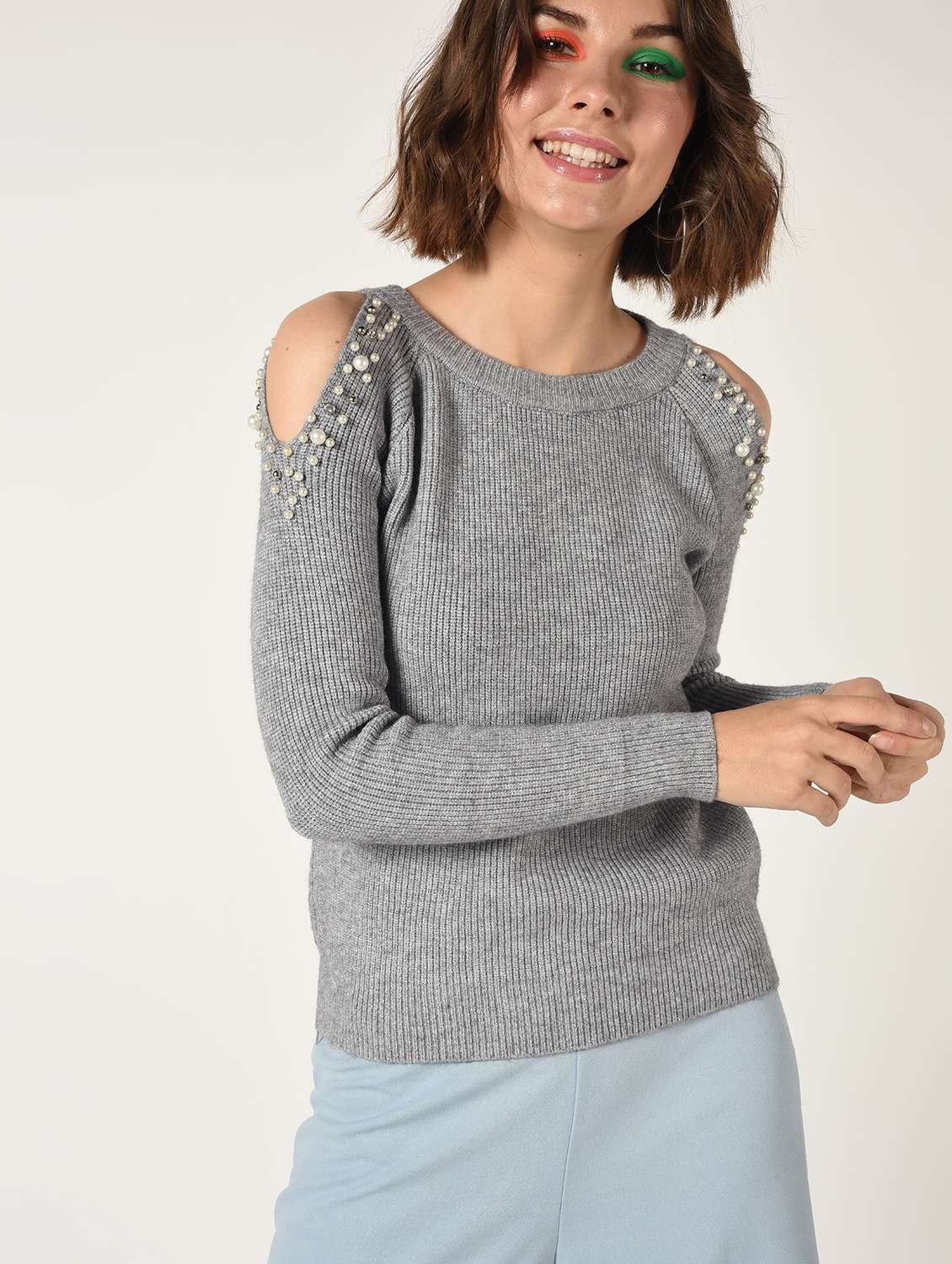 cold shoulder pearl embellished pullover