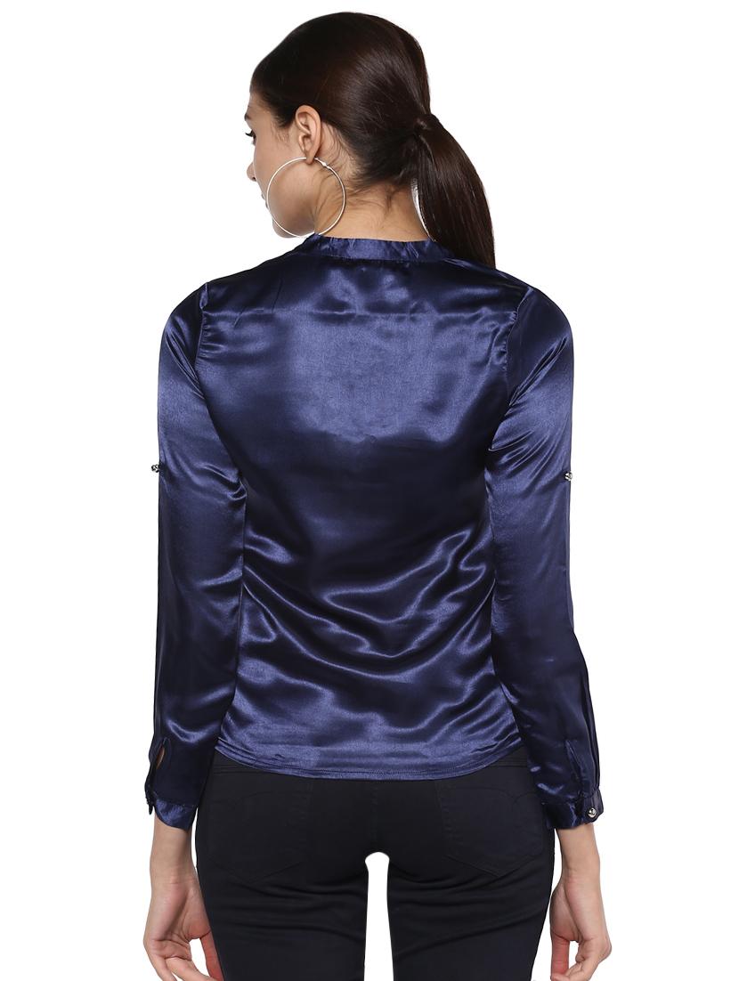 navy criss-cross neck satin top - 15902904 - Standard Image - 2