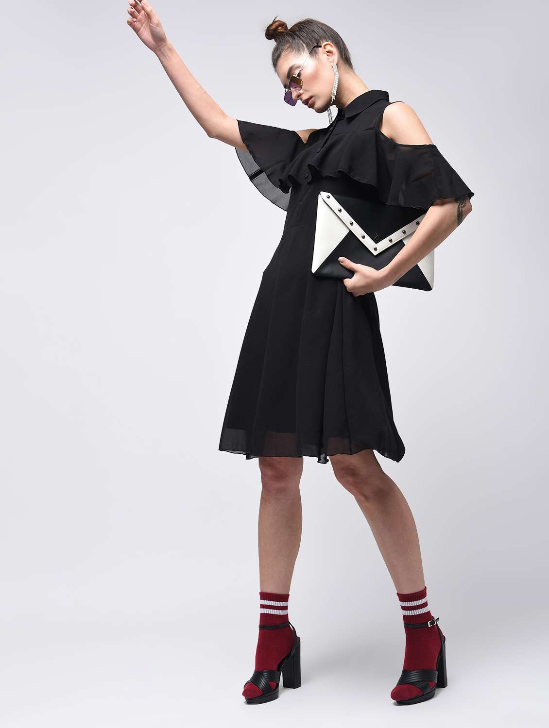 ruffled cold shoulder a-line dress