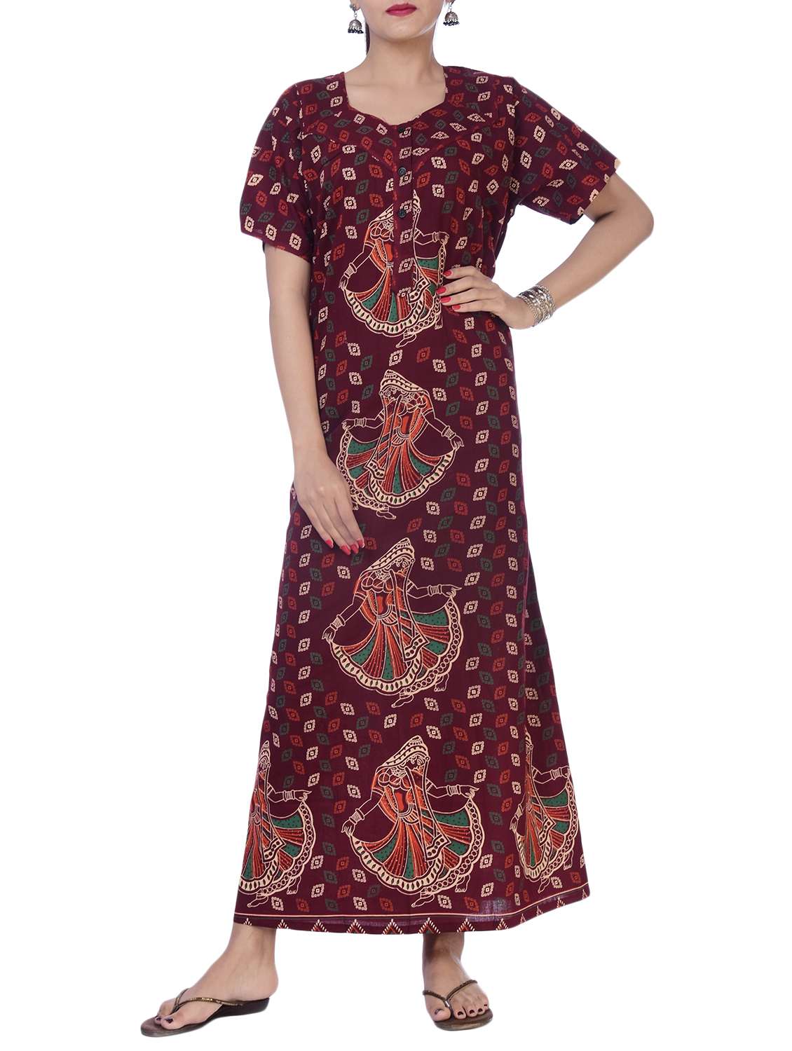 maroon sweetheart neck nightwear gown