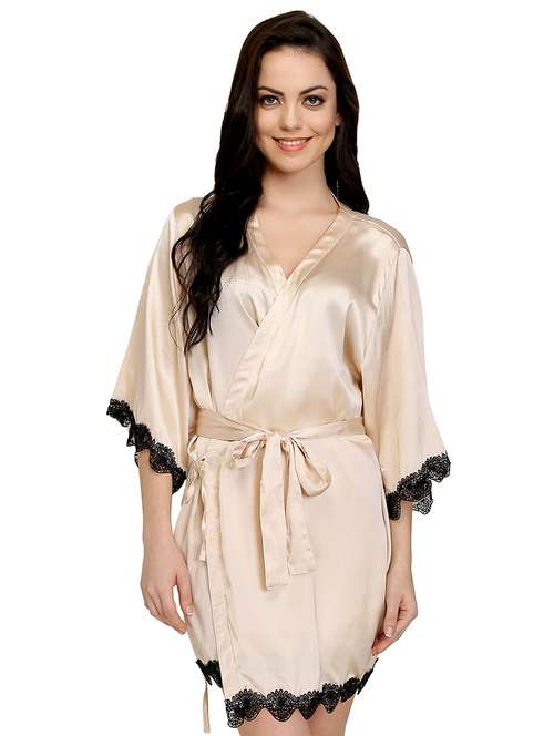 contrast lace trim satin sleepwear robe - 15908971 -  Standard Image - 0