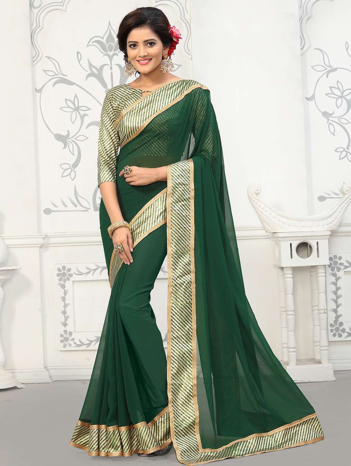 striped lace border bottle green saree with blouse