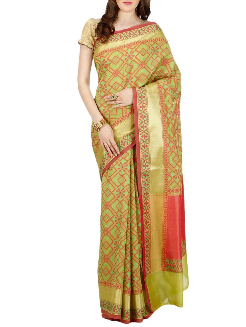 geometrical zari motif green banarasi saree with blouse