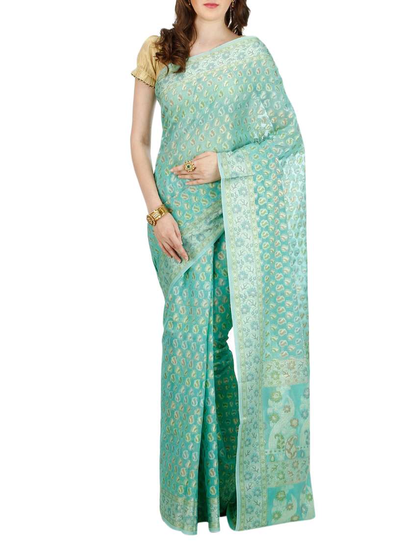 paisley zari motif turquoise banarasi saree with blouse