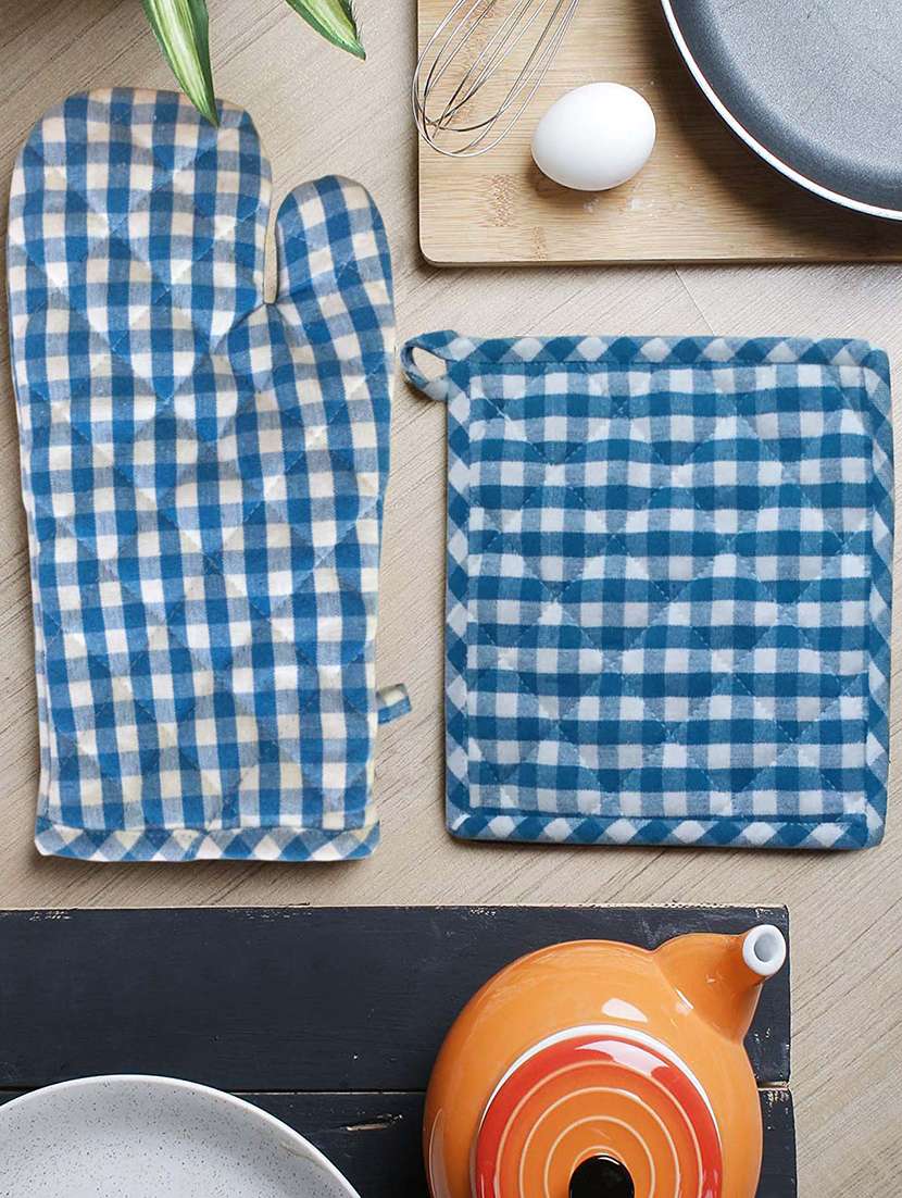 lushomes teal blue small checks heat resistant oven set, pack of 2 (1 pot holder, size : 8”x8” & 1 oven mitten, size : 7”x13”)