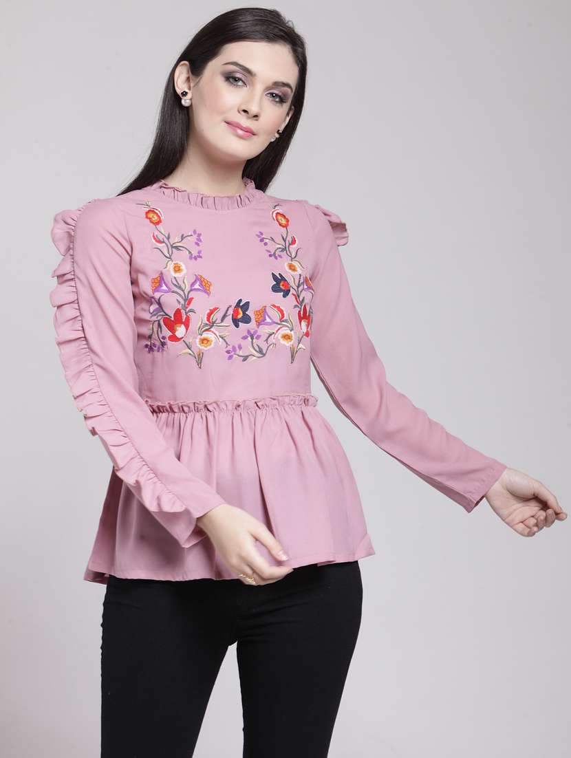 women's ruffle round neck top