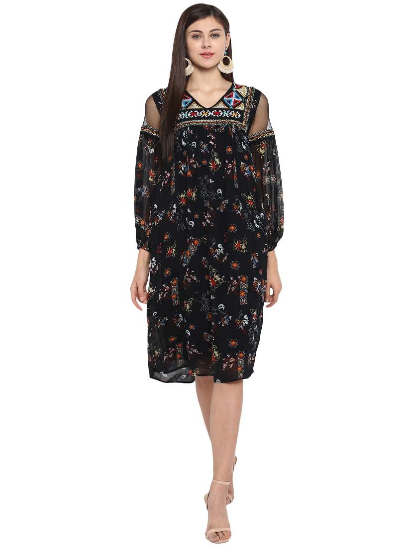 mesh panel embroidered dress