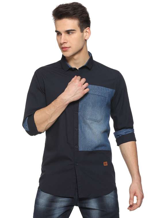 blue color block casual shirt