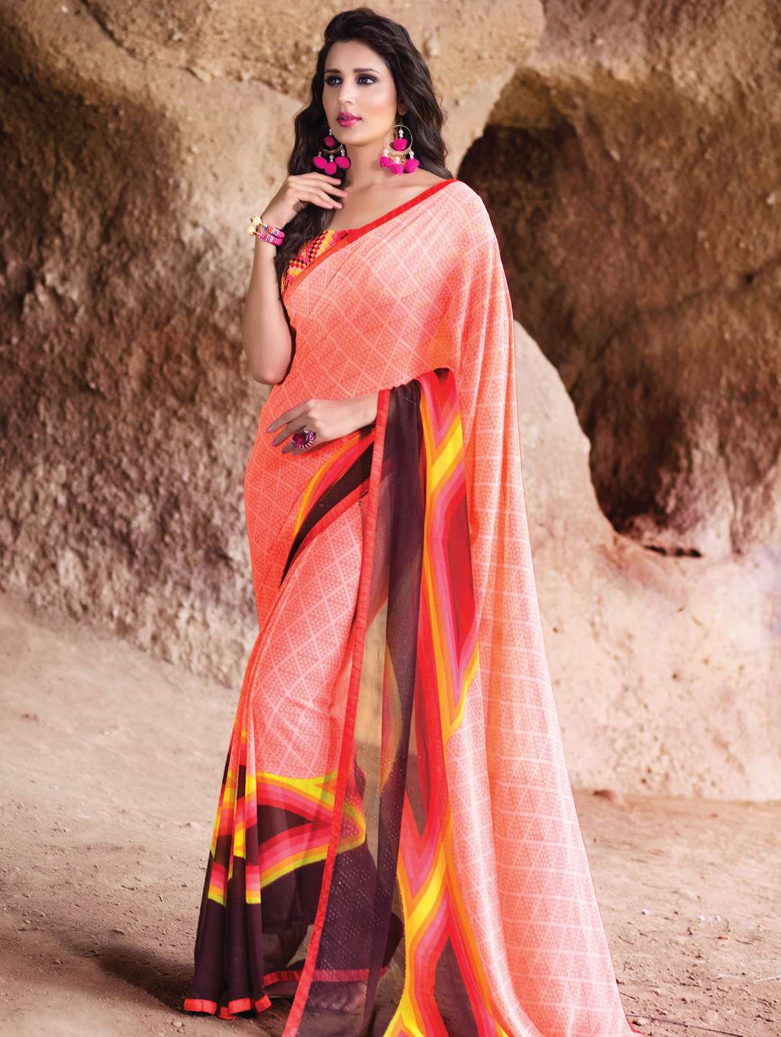 geometrical peach printed saree with blouse