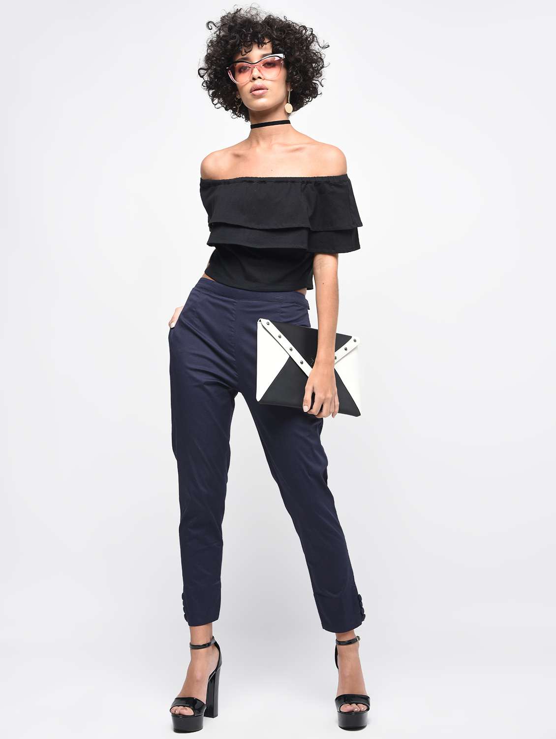 button detail flat front trousers