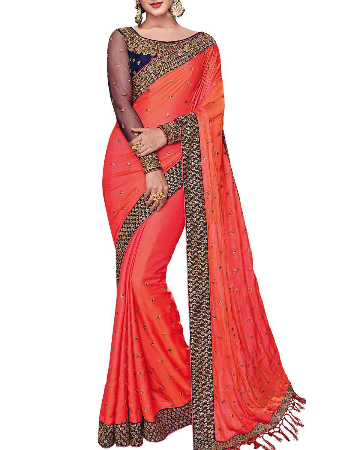 floral embroidered orange saree with blouse